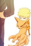  2boys aged_down black_pants black_shirt blonde_hair blue_eyes character_request colored_sclera facial_mark fingernails hand_on_own_hip kurama_(naruto) long_sleeves male_child multiple_boys multiple_tails naruto_(series) pants red_sclera sai_(mcy1229) sharp_fingernails shirt short_hair short_sleeves shorts standing tail uzumaki_naruto whisker_markings white_background 