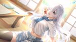  1girl :d amatsuji arm_support black_hair blue_skirt blurry blurry_background breasts commentary_request cup dutch_angle grey_eyes grey_hair hair_over_one_eye highres holding holding_cup ice ice_cube indoors looking_at_viewer mechanical_pencil medium_breasts midriff_peek navel notebook open_mouth original pencil pencil_case pleated_skirt school_uniform serafuku shirt short_sleeves shouji sitting skirt sliding_doors smile solo table tatami thighhighs uniform white_serafuku white_shirt 