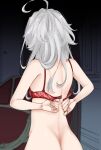  1girl ahoge alternate_hair_color ass back bra breasts commentary_request couch curtains hal_(goshujinomocha) highres indoors long_hair red_bra small_breasts solo tanya_degurechaff underwear undressing wavy_hair white_hair youjo_senki 