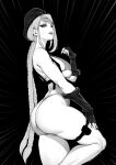  1girl artist_name ass beret bikini braid brassica breasts cammy_white fingerless_gloves from_side gloves greyscale hand_on_own_thigh hat highres large_breasts long_hair median_furrow monochrome parted_lips photo-referenced solo street_fighter street_fighter_6 swimsuit thick_eyelashes thigh_pouch thigh_strap twin_braids 