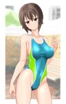  1girl absurdres aqua_one-piece_swimsuit bench black_eyes blurry blurry_background breasts brown_eyes cameltoe collarbone commentary_request competition_swimsuit contrapposto covered_navel fence girls_und_panzer head_out_of_frame highleg highleg_swimsuit highres large_breasts looking_at_viewer medium_breasts nishizumi_maho one-piece_swimsuit short_hair solo swimsuit takafumi two-tone_swimsuit 