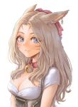  1girl animal_ears atiarta7 bell blue_eyes breasts cat_ears cat_girl collar commission facial_mark final_fantasy final_fantasy_xiv highres light_brown_hair long_hair medium_breasts miqo&#039;te neck_bell second-party_source shirt short_sleeves smile warrior_of_light_(ff14) whisker_markings white_shirt 