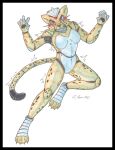  4_toes android anthro breasts cheetah cheetah_(dc) claws colored_pencil_(artwork) cougar_leon dc_comics feet felid feline female hi_res machine mammal nude paws red_eyes robot simple_background solo spots spotted_body tail toes traditional_media_(artwork) yellow_body 