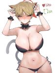  1girl animal_ears armpits arms_up bare_shoulders bell bikini black_bikini blonde_hair blue_archive blush breasts cat_ears cat_girl cat_tail choker cleavage closed_mouth collarbone cowboy_shot huge_breasts k8on kemonomimi_mode like_and_retweet looking_at_viewer marina_(blue_archive) side-tie_bikini_bottom simple_background solo stomach sweat swimsuit tail white_background 