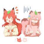  2girls :3 :d ^_^ animal_ear_fluff animal_ears blush bocchi_the_rock! bow bowtie brown_sailor_collar brown_shirt closed_eyes commentary_request cube_hair_ornament embarrassed fang flying_sweatdrops fox_ears fox_girl fox_tail gotou_hitori hair_between_eyes hair_ornament hands_up jacket kita_ikuyo leaf leaf_on_head long_hair long_sleeves multiple_girls notice_lines one_side_up open_mouth paw_pose pink_jacket raccoon_ears raccoon_girl raccoon_tail raised_eyebrows rebecca_(keinelove) red_bow red_bowtie red_hair sailor_collar school_uniform shirt shuka_high_school_uniform sidelocks simple_background smile sweatdrop tail track_jacket wavy_mouth white_background 
