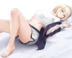  1girl azur_lane bare_legs barefoot bataan_(azur_lane) blonde_hair blue_eyes breasts character_request crop_top feet foot_out_of_frame hair_between_eyes highres jacket jakqbigone knee_up large_breasts legs long_sleeves looking_at_viewer lying midriff navel official_alternate_costume on_back open_clothes open_jacket shirt short_hair solo stomach thighs toenails toes white_shirt 