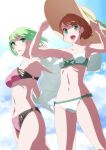  2girls alternate_costume bikini blush breasts brown_hair green_eyes green_hair hair_bun hat highres light_green_hair looking_at_viewer multiple_girls nanase_(under_night_in-birth) navel official_art open_mouth outdoors phonon_(under_night_in-birth) short_hair single_hair_bun small_breasts sun_hat swimsuit under_night_in-birth under_night_in-birth_exe:late[st] yoshihara_seiichi 