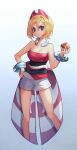  1girl aqua_eyes blonde_hair bracelet breasts cleavage closed_mouth collar commentary_request eyelashes gradient_background hair_between_eyes hairband hand_on_own_hip hand_up highres holding holding_poke_ball irida_(pokemon) jewelry kkomommo poke_ball poke_ball_(legends) pokemon pokemon_(game) pokemon_legends:_arceus sash shirt short_hair shorts solo strapless strapless_shirt waist_cape 
