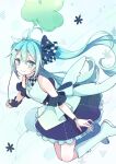  1girl absurdres ahoge ai_no_material_(vocaloid) back_bow balloon blue_eyes blue_hair boots bow bracelet hatsune_miku highres jewelry looking_at_viewer more_more_jump!_miku nagitofuu project_sekai smile solo vocaloid white_bow white_footwear 