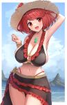  1girl :d absurdres armlet armpits belly bikini black_bikini bracelet breasts cleavage day earrings flower frilled_bikini frills gonzarez happy hat highres jewelry large_breasts md5_mismatch midriff navel o-ring o-ring_bikini o-ring_top outdoors pyra_(xenoblade) red_eyes red_hair ribbon sideboob smile solo stomach straw_hat swimsuit thigh_gap thighs underboob water wide_hips xenoblade_chronicles_(series) xenoblade_chronicles_2 