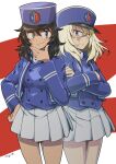  2girls absurdres andou_(girls_und_panzer) artist_name bc_freedom_(emblem) bc_freedom_military_uniform black_eyes black_hair blonde_hair blue_eyes blue_headwear blue_jacket blue_vest brown_eyes closed_mouth commentary crossed_arms dark-skinned_female dark_skin dress_shirt emblem frown girls_und_panzer hand_on_own_chin hand_on_own_hip hat high_collar highres jacket kepi kuroneko_douji long_sleeves looking_at_viewer medium_hair messy_hair military military_hat military_uniform miniskirt multiple_girls oshida_(girls_und_panzer) pleated_skirt shirt side-by-side signature skirt smile standing uniform vest white_shirt white_skirt 