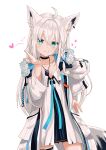  1girl absurdres ahoge animal_ear_fluff animal_ears black_choker black_dress blush braid choker commentary_request dog_tags dress earrings fox_ears fox_girl fox_tail green_eyes hair_between_eyes hand_on_own_hip heart highres hololive jacket jewelry lingmu long_hair looking_at_viewer open_clothes open_hand open_jacket shirakami_fubuki shirakami_fubuki_(fubukitek) sidelocks simple_background single_braid smile tail thigh_strap virtual_youtuber white_background white_hair white_jacket 