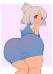  1girl absurdres ass ass_focus blush breasts dazz_chan dress from_behind highres looking_at_viewer looking_back original red_eyes short_hair simple_background smile solo thick_thighs thighs white_hair 