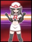  1girl absurdres arrow_(symbol) black_footwear black_gloves boots brown_hair clenched_hands crop_top cropped_jacket dialogue_box elbow_gloves eyelashes gloves hair_flaps hands_up hat highres jacket leaf_(pokemon) logo long_hair miniskirt navel open_mouth poke_ball_symbol pokemon pokemon_(game) pokemon_frlg shabana_may shirt sidelocks skirt solo team_rocket team_rocket_uniform teeth thigh_boots tongue trainer_wants_to_battle upper_teeth_only white_headwear white_jacket white_skirt 