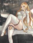  1girl arm_support blonde_hair blue_eyes blurry blurry_background boots breasts crossed_legs dress english_commentary gloves hair_ornament high_heel_boots high_heels highres large_breasts long_hair nier:automata nier_(series) rovintus side_slit sitting solo thigh_boots thighhighs thighhighs_under_boots white_dress white_gloves yorha_commander 