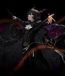  1boy absurdres animal_ears arknights baton_(conducting) belt black_background black_eyes black_hair black_jacket black_shirt carol0905 cloak_removed conductor dice ebenholz_(arknights) epaulettes floating formal from_side goat_ears goat_horns highres horns jacket long_sleeves magic serious shirt solo 