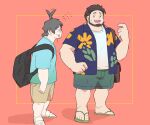  2boys :d ahoge ahoge_wag alternate_costume aroused backpack bag bara beard belly birch_(pokemon) brown_shorts couple excited expressive_hair facial_hair flying_sweatdrops full_body glasses green_shorts hawaiian_shirt highres lab_coat large_feet leg_hair male_focus mature_male motion_blur motion_lines multiple_boys muscular muscular_male neroli_(pokemon) odmk_(jinnta4014) pink_background plump pokemon pokemon_(game) pokemon_sleep round_eyewear sandals shirt short_hair shorts smile standing stubble sweat thick_eyebrows yaoi 