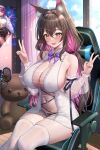  1girl breasts brown_hair chisaka_airi covered_nipples double_v highres long_hair looking_at_viewer multicolored_hair phase_connect pink_hair sitting studiopokotan stuffed_animal stuffed_toy teddy_bear two-tone_hair v virtual_youtuber yellow_eyes 