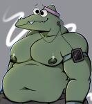  absurd_res alligator alligatorid anthro belly clothed clothing crocodilian gentle_lorenzo green_body green_skin hi_res later_alligator male moobs nipples overweight overweight_anthro overweight_male reptile salamikii scalie solo teeth 