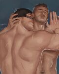  2boys back bara beard_stubble black_hair blonde_hair call_of_duty call_of_duty:_modern_warfare_2 chest_hair couple foreplay ghost_(modern_warfare_2) hairy highres kiss kissing_neck lee_(ghostslcvr) lying male_focus mask mask_lift mature_male mole mole_above_mouth multiple_boys muscular muscular_male mustache_stubble navel_hair nude on_back scar scar_on_back short_hair skull_mask soap_(modern_warfare_2) thick_eyebrows torogao undercut upper_body yaoi 