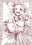  1girl :d apron artist_request blush broom clenched_hand happy highres looking_at_viewer maid maid_apron medalist_(manga) monochrome open_mouth short_hair sketch smile solo source_request standing yuitsuka_inori 