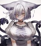  1girl animal_ear_fluff animal_ears apron black_choker borrowed_character bow breasts cat_ears cat_girl cat_hair_ornament cat_tail choker flying_sweatdrops hair_ornament large_breasts light_blush long_bangs multicolored_hair multiple_tails original puffy_short_sleeves puffy_sleeves short_hair short_sleeves solo streaked_hair tail tail_bow tail_ornament tears upper_body white_apron white_background white_hair yazune yellow_eyes 