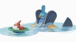  ^_^ closed_eyes closed_mouth commentary fang highres lotad mokuzou_(moku_ssbu) mudkip no_humans on_head pokemon pokemon_(creature) pokemon_on_head riding riding_pokemon signature skin_fang swampert symbol-only_commentary water white_background wurmple 