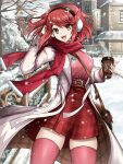  1girl absurdres bag belt brown_eyes coat coffee earmuffs fgsketch floating_hair high-waist_skirt highres holding open_clothes open_mouth outdoors pyra_(xenoblade) red_hair red_scarf red_thighhighs scarf shoulder_bag skirt smile snowing solo swept_bangs teeth thighhighs upper_teeth_only winter_clothes winter_coat xenoblade_chronicles_(series) xenoblade_chronicles_2 zettai_ryouiki 