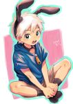  1boy animal_ears bishounen black_socks blue_eyes blue_shirt brown_shorts dated fake_animal_ears full_body highres male_focus nekoheso_2525 original rabbit_ears shirt short_hair short_sleeves shorts simple_background sitting socks solo teeth upper_teeth_only white_hair zipper_pull_tab 