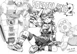  1boy 1girl bandaid bandaid_on_face borderlands_(series) borderlands_2 breasts choker claptrap closed_mouth dated full_body gaige gloves goggles greyscale gun hounori jewelry looking_at_viewer mask monochrome short_hair simple_background skirt smile thighhighs twintails weapon white_background 