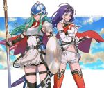  2girls 91007 aqua_eyes aqua_hair armor artist_name black_gloves black_hairband black_thighhighs blue_headwear breasts elbow_gloves fire_emblem fire_emblem:_path_of_radiance fire_emblem:_radiant_dawn fire_emblem_heroes floating_hair gloves hairband helmet holding holding_polearm holding_weapon legs_apart long_hair medium_breasts mia_(fire_emblem) mia_(resplendent)_(fire_emblem) multiple_girls navel nephenee_(fire_emblem) nephenee_(resplendent)_(fire_emblem) official_alternate_costume orange_thighhighs polearm purple_hair shield shorts shoulder_armor single_horizontal_stripe skirt standing thighhighs twitter_username weapon white_shorts white_skirt 