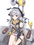  1girl arknights bare_shoulders commentary_request dress f.l.u.d.d. grey_dress grey_hair highres kyl490 long_hair long_sleeves looking_at_viewer low-tied_long_hair mario_(series) red_eyes sitting solo super_mario_sunshine thigh_strap thighs very_long_hair weedy_(arknights) white_background 