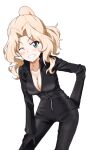  1girl alternate_hairstyle biker_clothes bikesuit black_bodysuit black_gloves blonde_hair blue_eyes bodysuit breasts cleavage commentary commission cowboy_shot girls_und_panzer gloves grin hair_intakes hair_up hand_on_own_hip hand_on_own_thigh kay_(girls_und_panzer) kayabakoro leaning_forward long_hair long_sleeves medium_breasts medium_hair one_eye_closed partially_unzipped pixiv_commission ponytail simple_background smile solo white_background 