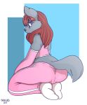  2017 ambiguous_gender anthro armwear big_butt biped blue_eyes bottomwear butt canid canine canis clothing dogfluid eyewear footwear fur glasses grey_body grey_ears grey_fur grey_tail hair hi_res mammal pink_clothing red_hair socks solo thick_thighs topwear white_clothing wide_hips wolf 