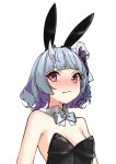  1girl :/ animal_ears black_leotard blunt_bangs blush bow bowtie breasts busou_kanojo colored_inner_hair detached_collar fake_animal_ears grey_bow grey_bowtie grey_hair hair_ornament horns leotard medium_hair multicolored_hair nenemaru_(busou_kanojo) oversized_breast_cup playboy_bunny purple_hair rabbit_ears single_horn small_breasts solo strapless strapless_leotard tenbin_gashira traditional_bowtie two-tone_hair upper_body wavy_mouth 