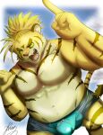  abs anthro bulge clothing detailed_bulge felid fur green_eyes hair hi_res kt0414143919 lifewonders macan_(tas) male mammal muscular muscular_anthro muscular_male navel nipples pantherine pecs ponytail solo speedo striped_body striped_fur stripes swimwear tiger tokyo_afterschool_summoners yellow_body yellow_fur 