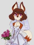  2023 anthro armwear bouquet canid canine choker clothing dipstick_tail dress elbow_gloves female flower flower_bouquet fox gloves handwear jewelry lenyavok mammal markings mouritzeen_(lenyavok) necklace plant purple_eyes rose_(flower) solo tail tail_markings wedding_dress wedding_veil 