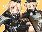  :d aiguillette belt beret black_bow black_headwear black_jacket black_necktie blonde_hair blush book book_stack bow breasts brown_eyes chesed_(uporyz) collared_shirt commission from_above garrison_cap girls&#039;_frontline gun hair_bow hand_up hat highres holding holding_paper holding_pen jacket long_sleeves lower_teeth_only medium_breasts medium_hair military_hat military_uniform mp40 mp40_(girls&#039;_frontline) mp40_(thumbelina)_(girls&#039;_frontline) necktie on_chair open_mouth outline paper parted_lips pen pouch shirt sitting skeb_commission smile submachine_gun table teeth thigh_strap twintails uniform weapon white_outline white_shirt yellow_background 
