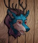  anthro antlers award blue_body blue_fur death decapitation deer fur hi_res horn invalid_tag kolkolukija male mammal red_eyes solo taxidermy trophy 