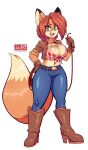  2022 absurd_res anthro belt belt_buckle big_breasts blue_bottomwear blue_clothing blue_pants boots bottomwear breasts brown_boots brown_clothing brown_footwear brown_gloves brown_handwear brown_jacket brown_topwear canid canine cleavage clothed clothing cowboy_boots crop_top dipstick_ears dipstick_tail female fluffy fluffy_tail footwear fox front-tie_top fur gloves green_eyes hair handwear hi_res high_heeled_boots high_heels holding_object holding_rope jacket jamoart looking_at_viewer mammal markings multicolored_ears open_clothing open_jacket open_mouth open_topwear orange_body orange_fur orange_hair pants rope scarlett_(furrybound) shirt simple_background solo standing tail tail_markings topwear white_background 