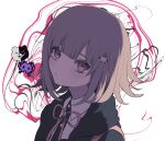  1girl absurdres backpack bag black_shirt closed_mouth collared_shirt colorful danganronpa_(series) danganronpa_2:_goodbye_despair dress_shirt frown galaga hair_ornament highres hood jacket looking_at_viewer medium_hair monokuma n_yu_i nanami_chiaki neck_ribbon pink_background pink_eyes pink_ribbon ribbon shirt solo white_background white_shirt 