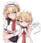  2girls absurdres black_vest blonde_hair blue_eyes bow breasts english_commentary g36_(girls&#039;_frontline) g36_(mini_maid)_(girls&#039;_frontline) girls&#039;_frontline glasses gloves hair_between_eyes hand_on_another&#039;s_arm highres holding holding_eyewear large_breasts looking_at_viewer maid_headdress multiple_girls official_alternate_costume red_bow shirt short_hair short_sleeves simple_background smile time_paradox upper_body vest white_background white_gloves white_shirt zui_ai_shuang_mawei 