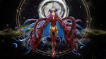  1girl absurdres blue_hair bodysuit coat commentary crescent crescent_facial_mark facial_mark fate/grand_order fate_(series) floating fur-trimmed_coat fur_trim highres horns ishtar_(fate) long_hair looking_at_viewer pink_hair portal_(object) red_bodysuit sherry492 solo space space_ishtar_(fate) space_ishtar_(third_ascension)_(fate) star_(sky) very_long_hair 