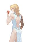  1boy absurdres alternate_color animal_ears apple arm_guards arm_tattoo ass backless_outfit bare_shoulders blonde_hair blue_dress blue_eyes chewing cowboy_shot dress eating food food_bite from_behind frostbite_set_(zelda) fruit hand_up highres holding holding_food holding_fruit jewelry lccdi link long_hair looking_at_viewer male_focus necklace no_detached_sleeves no_pants pelvic_curtain pointy_ears simple_background sleeveless sleeveless_dress solo tattoo the_legend_of_zelda the_legend_of_zelda:_tears_of_the_kingdom white_background white_dress 