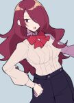  black_skirt blue_background bow bowtie breasts brown_eyes do_m_kaeru hair_over_one_eye kirijou_mitsuru large_breasts long_hair long_sleeves looking_at_viewer open_mouth persona persona_3 red_bow red_bowtie red_hair shirt simple_background skirt white_shirt 