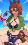  1girl absurdres agnes_tachyon_(lunatic_lab)_(umamusume) agnes_tachyon_(umamusume) animal_ears ankle_belt beach belt belt_pouch bikini black_belt black_bikini black_footwear black_gloves blue_shorts breast_pocket breasts brown_eyes brown_hair canister cleavage collarbone commentary creature criss-cross_halter ear_ornament flask gloves green_jacket hair_between_eyes halterneck highres holding holding_flask horse_ears horse_girl horse_tail jacket kii-kun_(agnes_tachyon)_(umamusume) looking_at_viewer mandrake micro_shorts midriff nagaburo_imoni navel ocean official_alternate_costume official_alternate_hairstyle open_clothes open_mouth open_shorts outdoors pocket pouch round-bottom_flask short_hair shorts single_glove sitting sky solo_focus summer&#039;s_sunlight_fades_to_blue_(umamusume) sweat sweatdrop swimsuit tail tied_jacket toned tongue tongue_out torn_clothes torn_shorts umamusume 