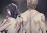  1boy 1girl albus_(castlevania) arm_tattoo black_hair blonde_hair breasts castlevania castlevania:_order_of_ecclesia closed_mouth grel_(r6hgvu5) long_hair looking_at_viewer nude shanoa sideboob simple_background tattoo topless_male very_long_hair 