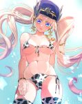  1girl absurdly_long_hair absurdres animal_print bad_id bad_pixiv_id blonde_hair blue_background blue_eyes breasts chaos_gerda_(gakuen)_(grimms_notes) cow_print grimms_notes hat highres large_breasts long_hair looking_down multicolored_eyes navel open_mouth solo twintails very_long_hair wristband ydc_(ydc2501) 