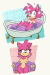  2022 absurd_res amy_rose anthro bath bathtub breasts curvy_figure drying eulipotyphlan female genitals green_eyes hedgehog hi_res hourglass_figure in_bath looking_at_viewer mammal monamania nipples partially_submerged pink_body pussy sega sitting solo sonic_the_hedgehog_(series) standing suds towel water wet wide_hips 