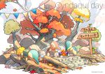  ^_^ alternate_color autumn_leaves character_name closed_eyes commentary_request cyndaquil ekm fire no_humans open_mouth pokemon pokemon_(creature) shiny_pokemon sign smile stairs tree 
